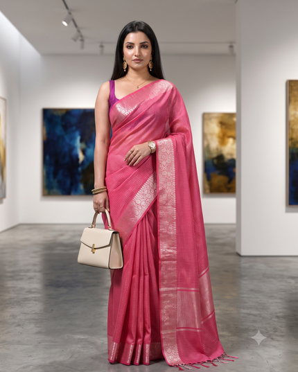 Women`s Tissue silk sarees for women latest, design Cotton sari Kanak zari New, Design golden Kora tissue banarasi New Farewell wedding kanjivaram silk party, wear saree (Pink)