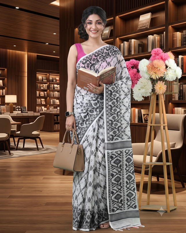 White & Black Woven Design Jamdani Saree with Matching Blouse Piece