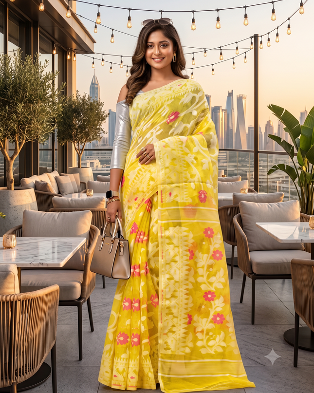 Floral Woven Design Pure Cotton Jamdani Saree
