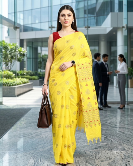 Women`s Bengal Tant Abhrak Work Design Handloom Cotton Saree With Blouse Piece (Yellow)