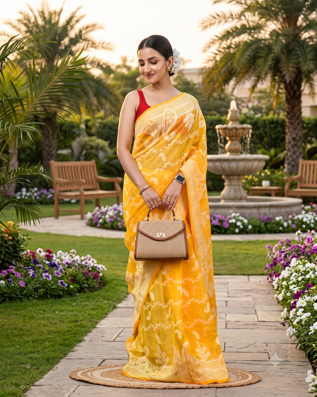 Exquisite Yellow Jamdani Saree with Woven Zari Design, Cotton Blend