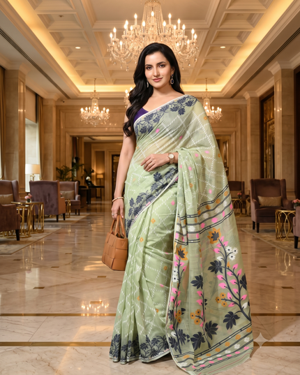 dB DESH BIDESH Women's Jamdani Sarees For Women for Party Festival Wear Kusumlata Design Soft Cotton Linen saree for woman Without Blouse piece (Soft Green)