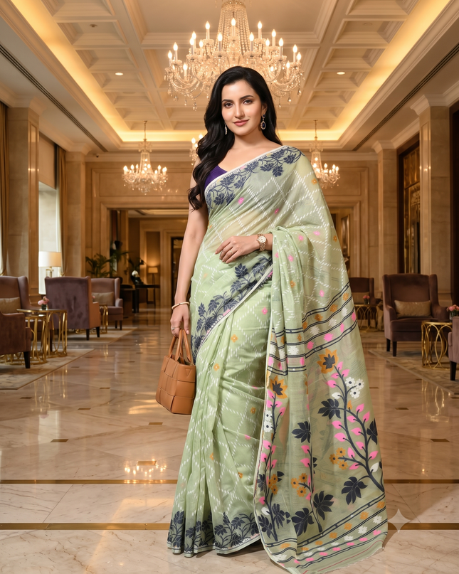 dB DESH BIDESH Women's Jamdani Sarees For Women for Party Festival Wear Kusumlata Design Soft Cotton Linen saree for woman Without Blouse piece (Soft Green)