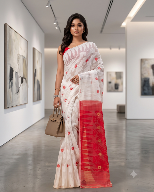 Traditional Tamarind Leaf Resham Dhakai Jamdani Pure Cotton Handloom Saree without Blouse Piece