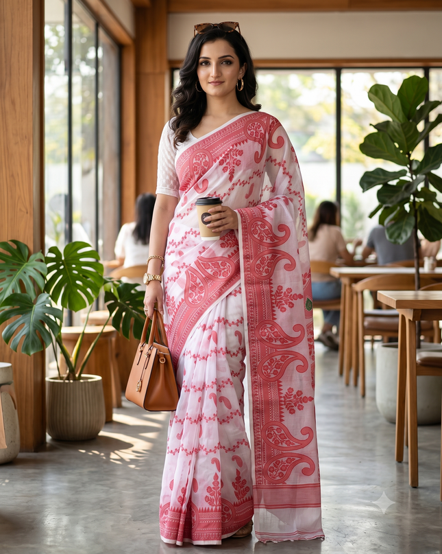 Exquisite Red & White Woven Jamdani Saree with Solid Border