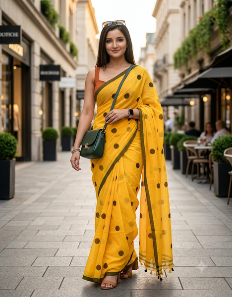 Women cotton handloom mulmul cotton sarees mul cotton sarees for women latest, Nazakat design batik print bandhani malmal linen office daily, party, wear sarees for women (Yellow Black)
