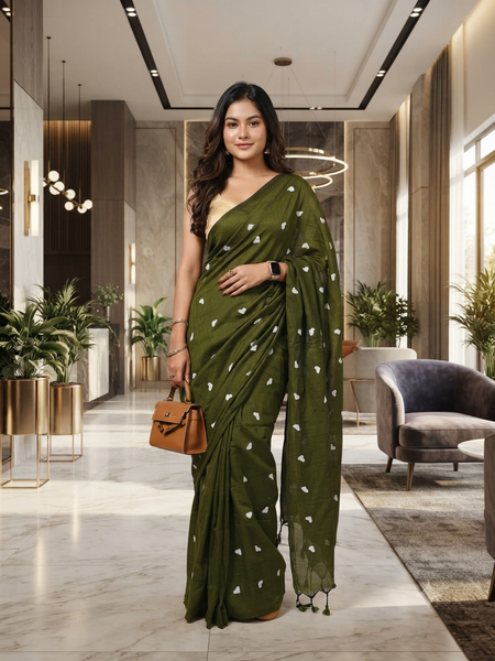 dB DESH BIDESH Women`s Cotton Sarees For Women Office Wear HeartBeat Embroidery Saree Design Soft Cotton Silk Saree With Blouse Piece (Green)