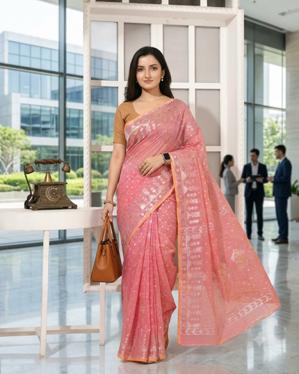 dB DESH BIDESH Women's Soft Cotton Silk Jamdani Sarees For Women for Party Festival Wedding Silk Saree GlamQueen Gold Work Design Without Blouse piece (Coral Pink)