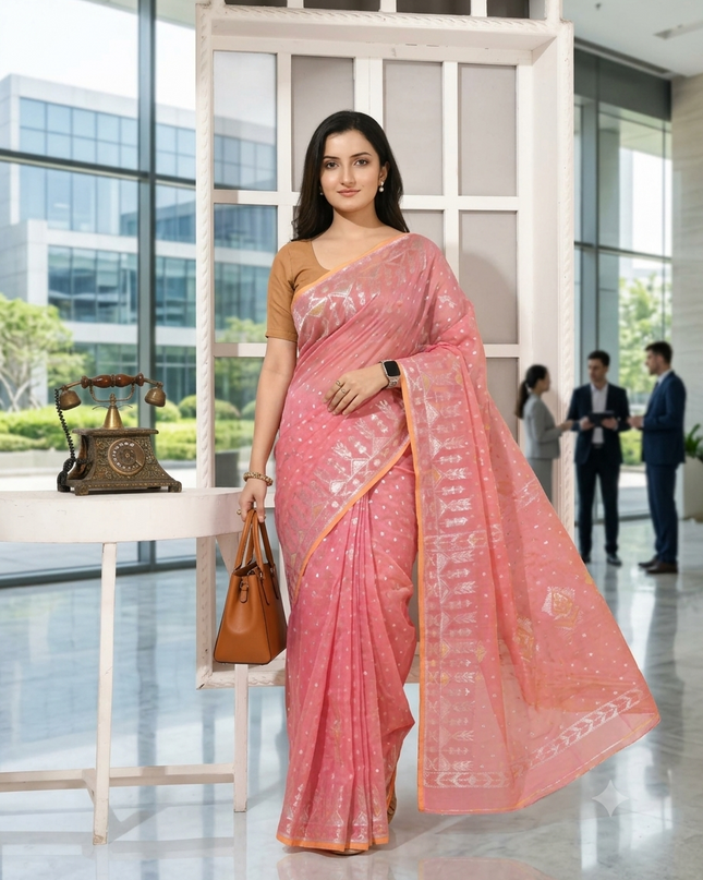 dB DESH BIDESH Women's Soft Cotton Silk Jamdani Sarees For Women for Party Festival Wedding Silk Saree GlamQueen Gold Work Design Without Blouse piece (Coral Pink)