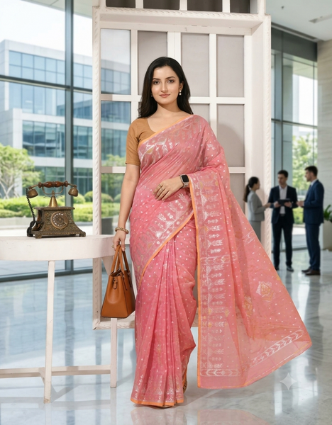 dB DESH BIDESH Women's Soft Cotton Silk Jamdani Sarees For Women for Party Festival Wedding Silk Saree GlamQueen Gold Work Design Without Blouse piece (Coral Pink)