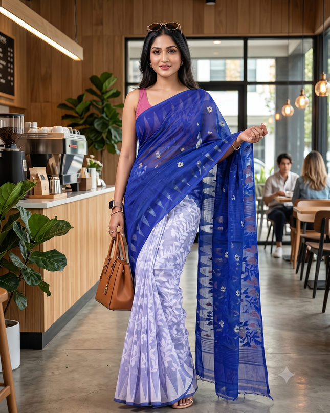 Floral Woven Design Pure Cotton Half And Half Jamdani Saree