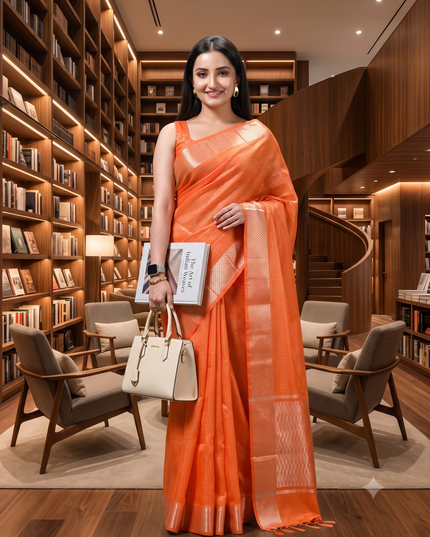 Women`s Tissue silk sarees for women latest, design Cotton sari Kanak zari New, Design golden Kora tissue banarasi New Farewell wedding kanjivaram silk party, wear saree (Orange Gold)