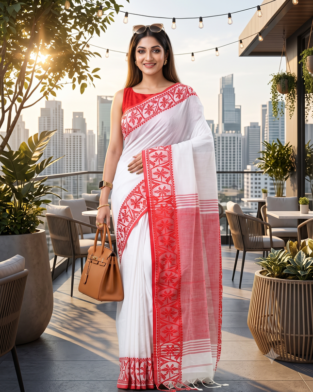 Women's White & Red Floral Handloom Saree with Printed Border