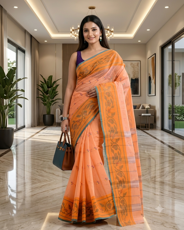 Women Tant cotton saree for woman party, wear handloom sarees for women cotton georgette chettinad cotton silk sarees for women latest, Vasantika design (Orange)