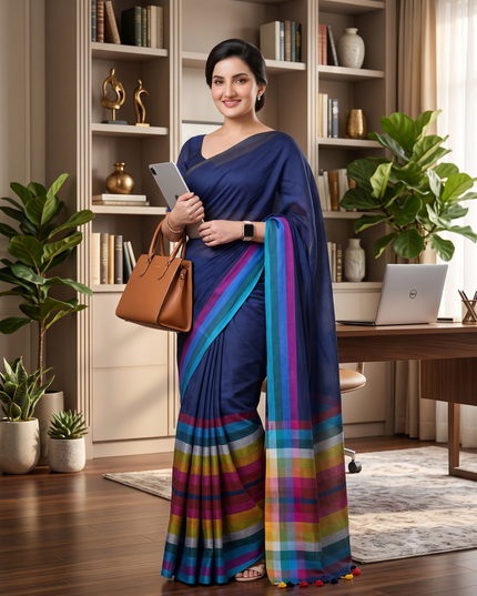 Women’s Rainbow Cotton Silk Saree for Women Latest Design Party Wear Office Wear Handloom Linen Chettinad Saree Wedding Farewell Function Wear Saree (Blue)