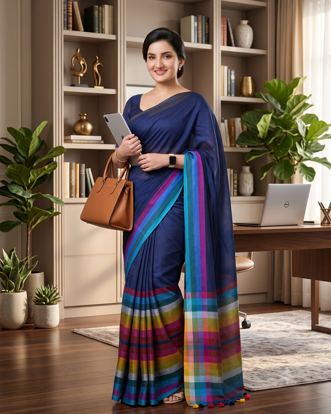 Women’s Rainbow Cotton Silk Saree for Women Latest Design Party Wear Office Wear Handloom Linen Chettinad Saree Wedding Farewell Function Wear Saree (Blue)