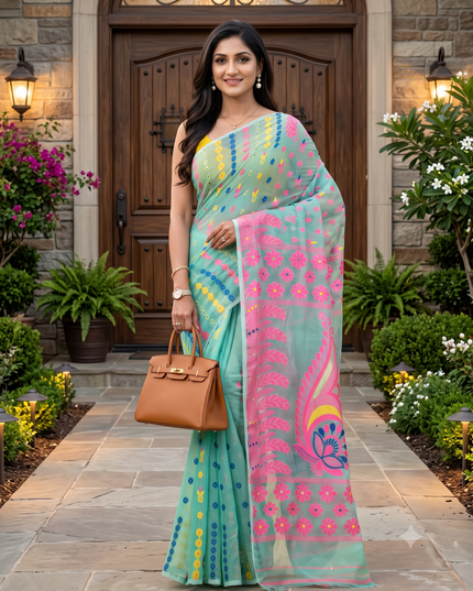 Turquoise Blue & Pink Woven Design Pure Cotton Handloom Jamdani Saree