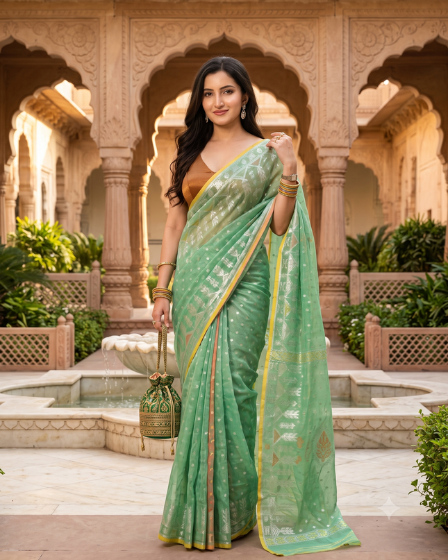 dB DESH BIDESH Women's Soft Cotton Silk Jamdani Sarees For Women for Party Festival Wedding Silk Saree GlamQueen Gold Work Design Without Blouse piece (Mint Green)