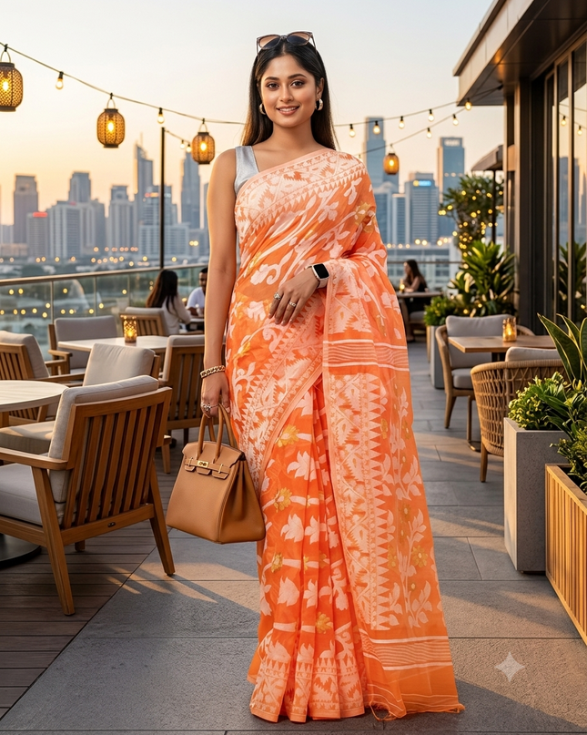Floral Woven Design Pure Cotton Handloom Jamdani Saree