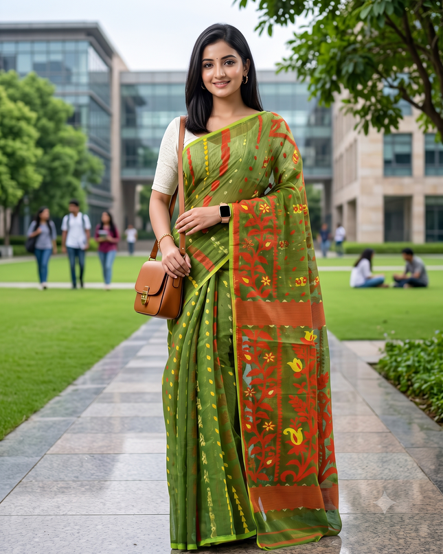 Traditional Woven Green Jamdani Saree with Orange Floral Border