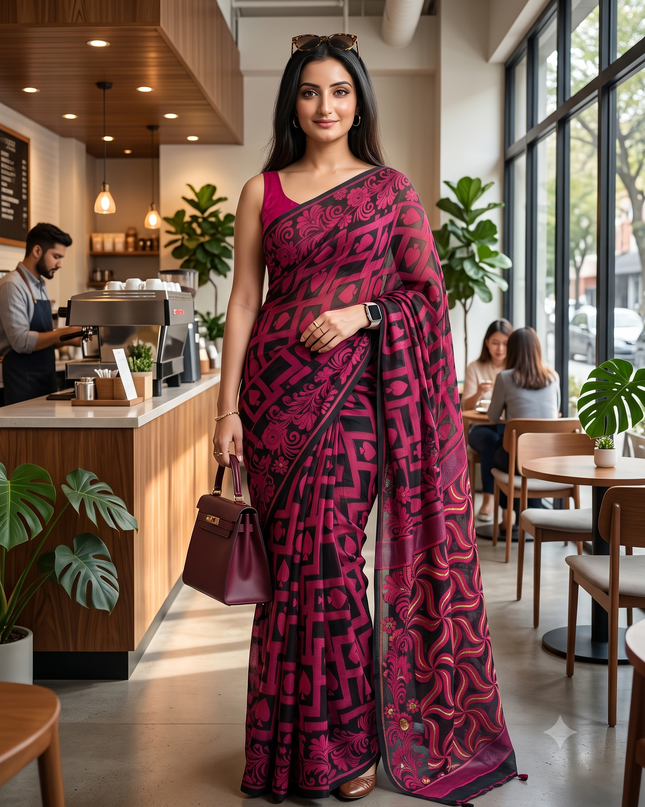 Ethnic Motifs Handloom Jamdani Saree with Contrast Border