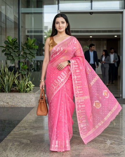 dB DESH BIDESH Women's Soft Cotton Silk Jamdani Sarees For Women for Party Festival Wedding Silk Saree GlamQueen Gold Work Design Without Blouse piece (Candy Pink)