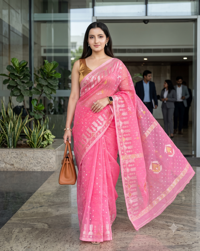 dB DESH BIDESH Women's Soft Cotton Silk Jamdani Sarees For Women for Party Festival Wedding Silk Saree GlamQueen Gold Work Design Without Blouse piece (Candy Pink)