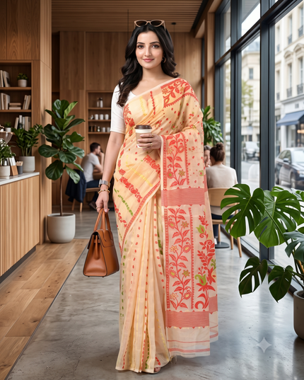 Exquisite Cream and Red Jamdani Saree with Ethnic Motifs and No Border