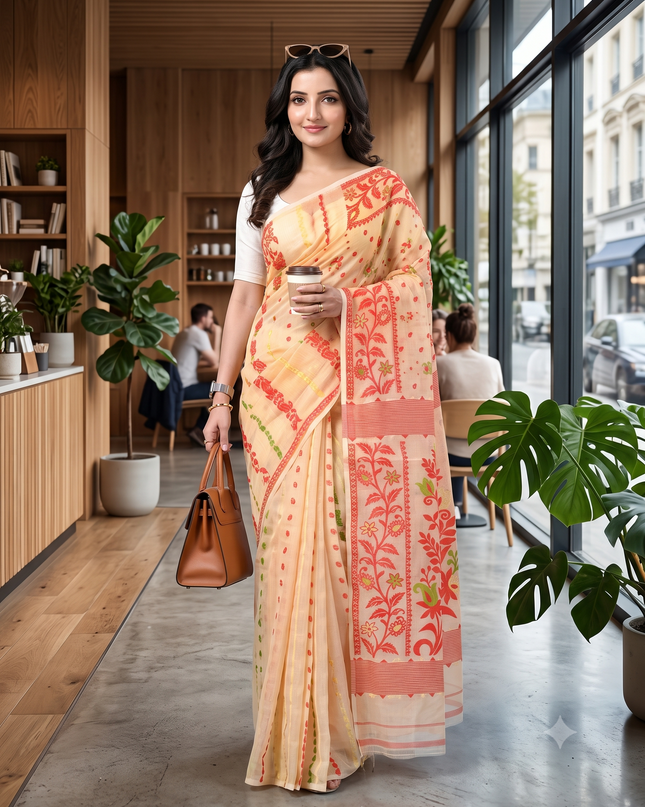 Exquisite Cream and Red Jamdani Saree with Ethnic Motifs and No Border