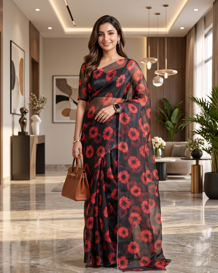 Women`s Printed Organza Saree Semi-Transparent Party, Wear organza weddings latest, Trending Red Daisy Flower Design Saree Fancy banarasi organza silk Black Saree for Women for Farewell