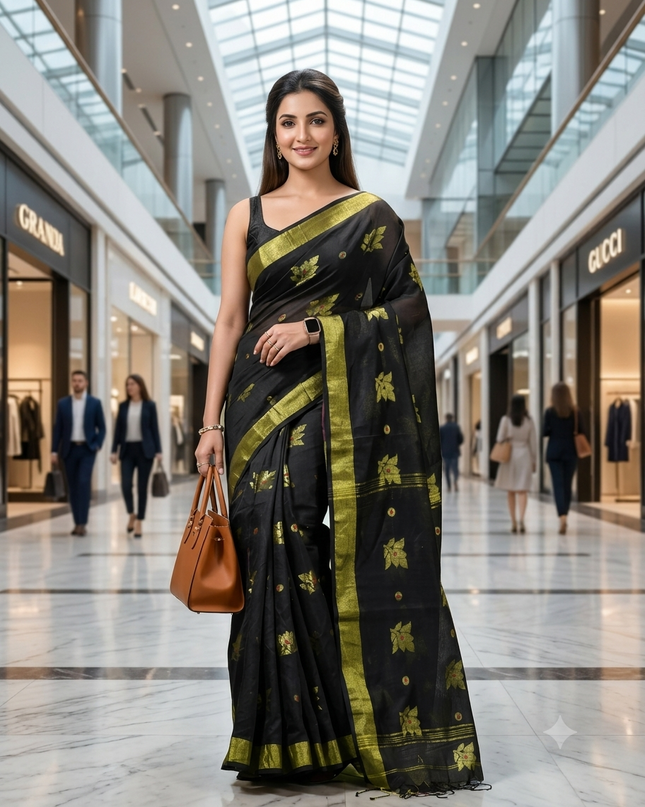 Cotton Silk Party Wear Saree Trendy Design Gulnaz Georgette Chiffon Cotton Saree (Black)