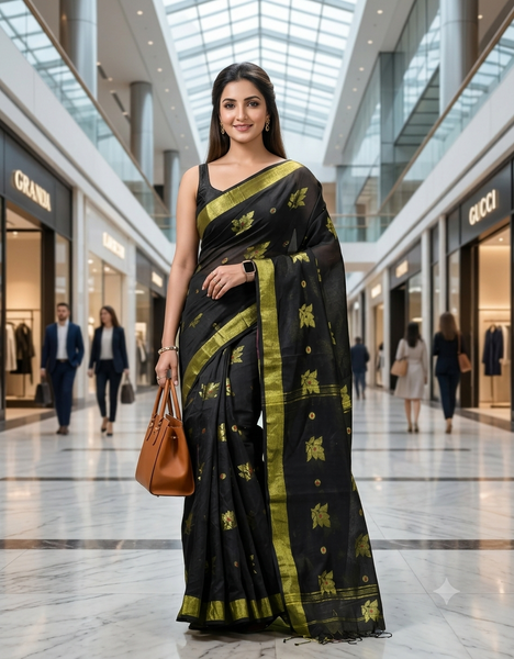 Cotton Silk Party Wear Saree Trendy Design Gulnaz Georgette Chiffon Cotton Saree (Black)