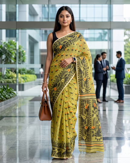 Green Black Pure Cotton Jamdani Saree for Women