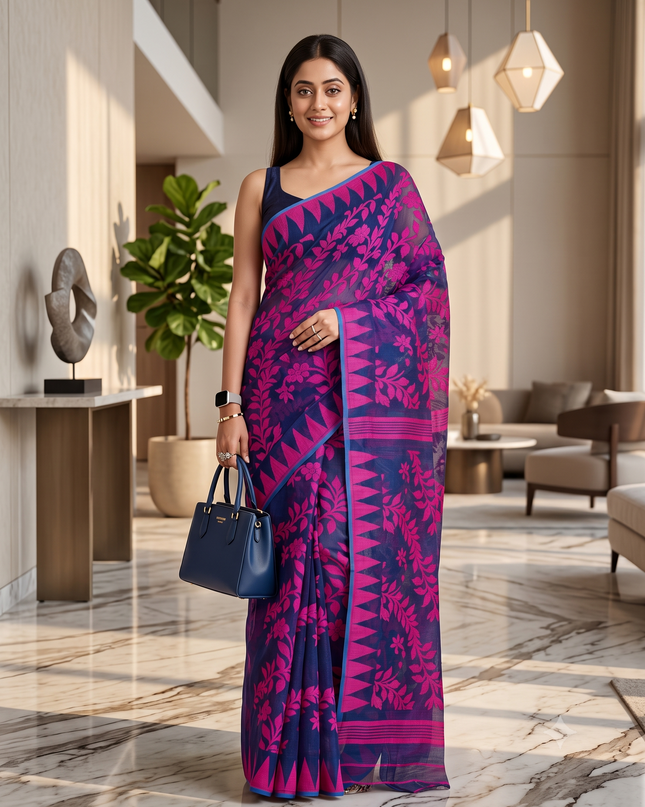 Purple & Pink Paisley Pure Cotton Jamdani Saree