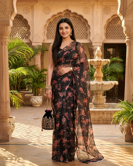 Women`s Printed Organza Saree Semi-Transparent Party, Wear organza weddings latest, Trending Design sarees Fancy banarasi organza silk saree for Farewell Black Sarees for Women