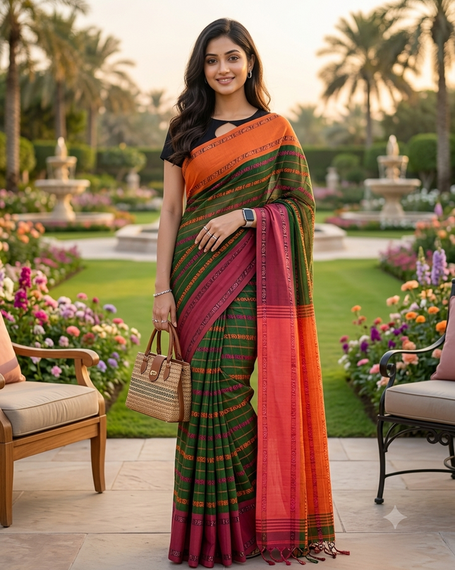 Women`s Traditional Bengali Bengamuri Pure Handloom Cotton Saree With Blouse Piece