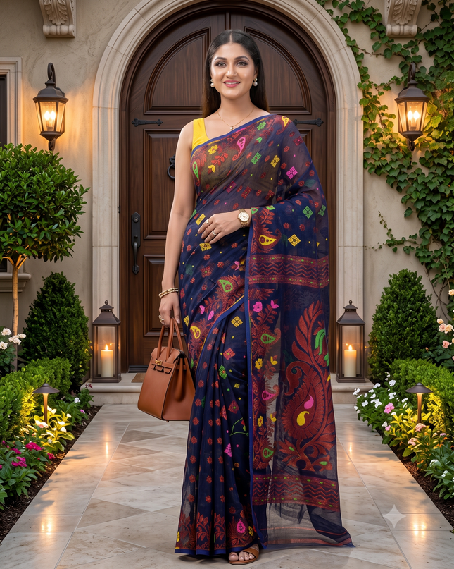 Exquisite Navy Blue Pure Cotton Jamdani Saree with Ethnic Motifs