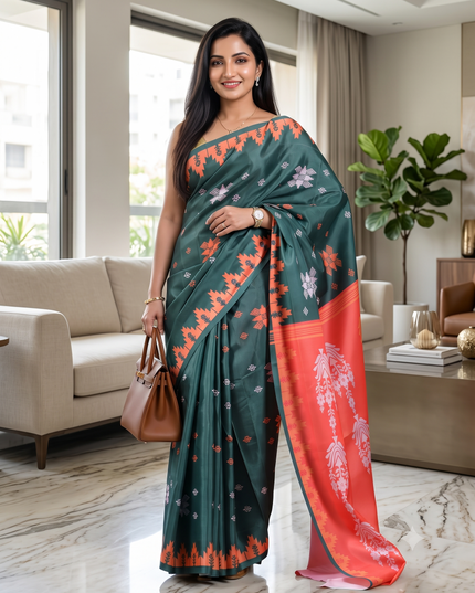 Women`s silk sarees party, wear latest, Tanvika design georgette chiffon Crepe cotton saree for farewell wedding New sari printed fancy printed silk sarees for women (Dark Green Red)