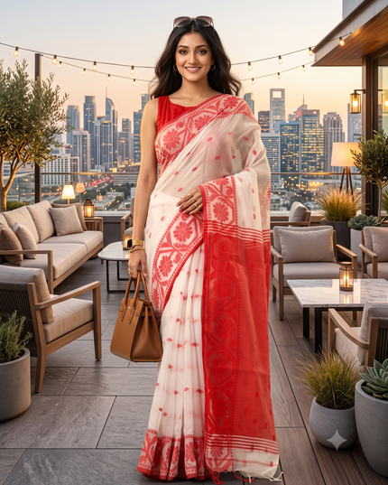 Exquisite White & Red Handloom Saree: Floral Woven Design, Cotton Blend for Women