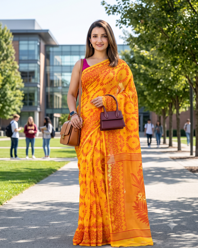 Yellow & Orange Ethnic Motifs Jamdani Cotton Blend Saree with Blouse Piece