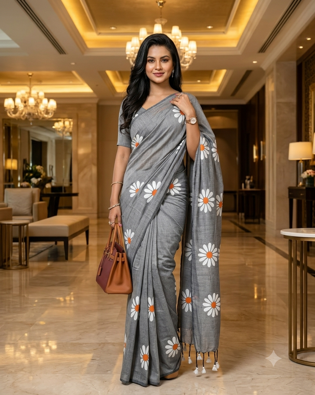 dB DESH BIDESH Women`s Mul Cotton Sarees Soft Fancy Phoolpari Latest, Design Party, Wear Cotton New Linen Saree For Woman With Blouse Piece (Grey)