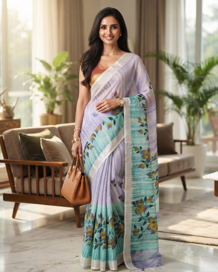 dB DESH BIDESH Women`s Cotton Saree For Woman Latest, Phoolbagan Printed Trendy Soft Cotton Silk Women Sarees with Blouse Piece (Mint Green Lavender)