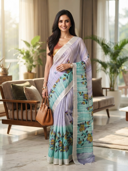 dB DESH BIDESH Women`s Cotton Saree For Woman Latest, Phoolbagan Printed Trendy Soft Cotton Silk Women Sarees with Blouse Piece (Mint Green Lavender)