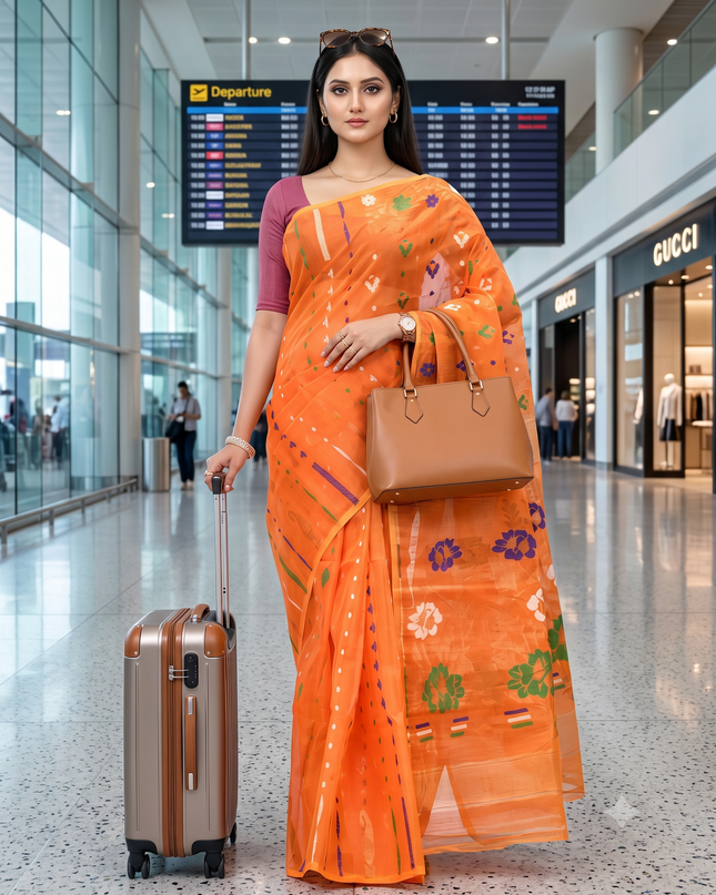 Orange Woven Zari Pure Cotton Jamdani Saree