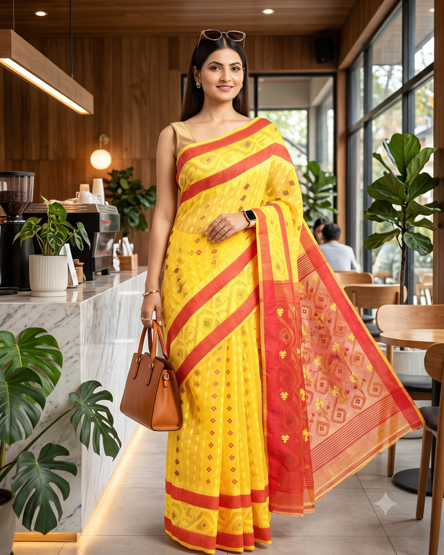 Red & Yellow Woven Design Pure Cotton Jamdani Saree