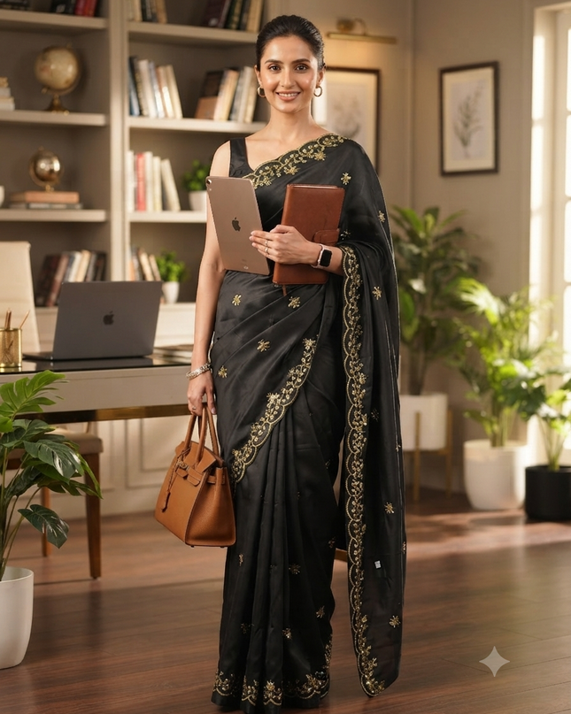 dB DESH BIDESH Women's Satin Silk Embroidery Work Saree with Designer Border for Festive and Traditional Ethnic Drape Saree Party, Wear Soft Silk Butterfly Shokhi Design Sarees