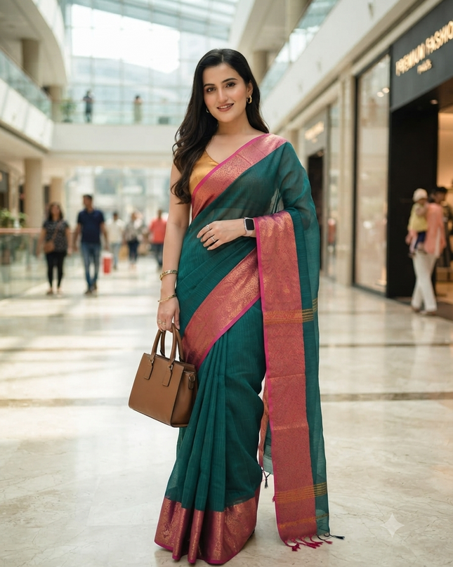 dB DESH BIDESH Women's Soft Cotton Linen Saree For Woman Kolkamoyee Trendy festival Silk Saree For Wedding Banarasi Style Pallu Sari With Blouse Piece (Bottle Green)