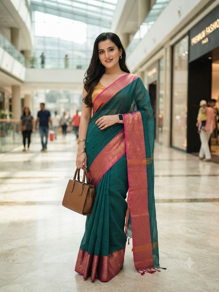 dB DESH BIDESH Women's Soft Cotton Linen Saree For Woman Kolkamoyee Trendy festival Silk Saree For Wedding Banarasi Style Pallu Sari With Blouse Piece (Bottle Green)