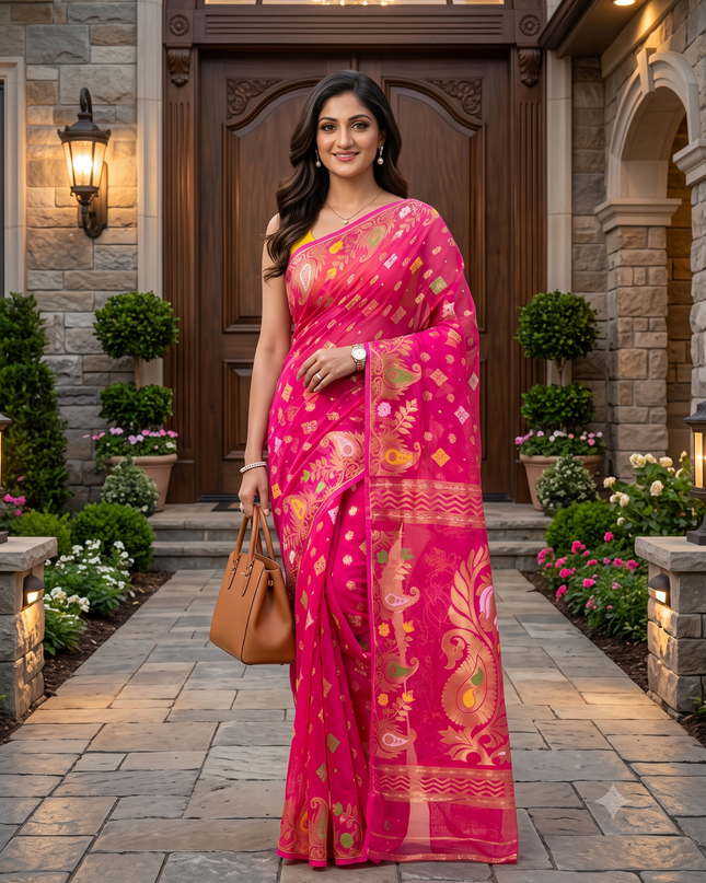 Exquisite Pink Gold-Toned Jamdani Saree with Woven Zari Design Border