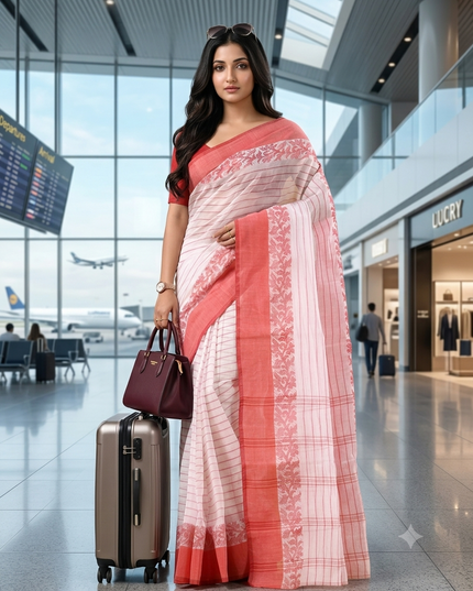 Women Tant cotton saree for woman party, wear sarees cotton georgette handloom wedding new chiffon collection sarees for women latest, Chitralekha design (Red)